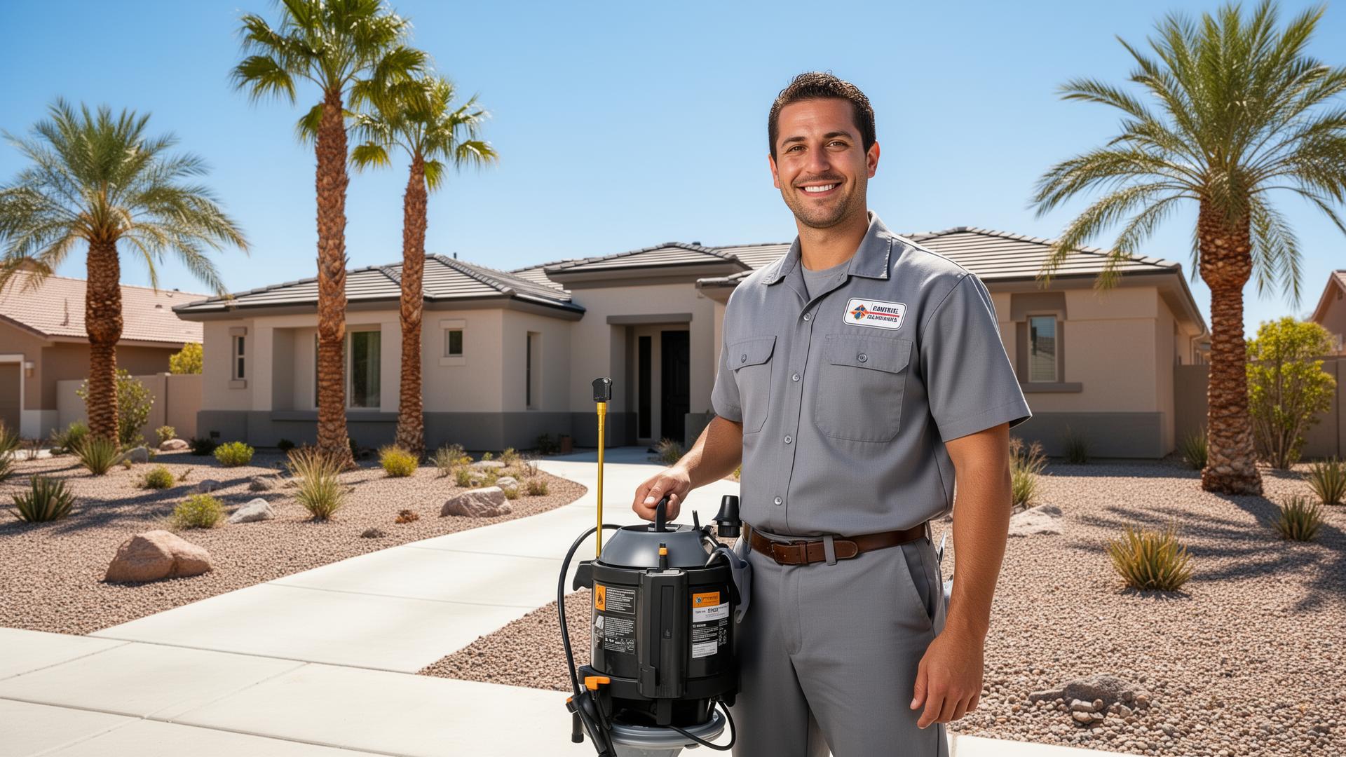 Best exterminator in Las Vegas, NV — PCLV pest control technician treating a desert home for scorpions